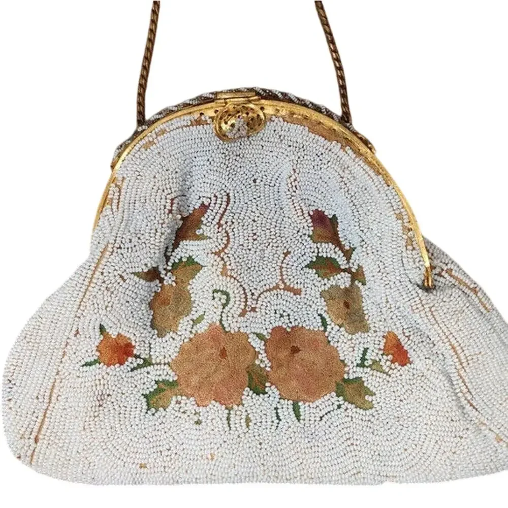 Vintage 1950s Dormar Beaded Floral Handmade Evening Clutch